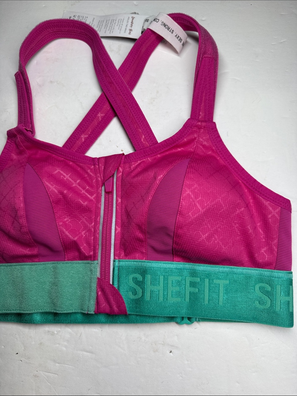 SHEFIT Bright Pink Sports Bra Teal Band S zip front new workout comfort support - Picture 8 of 9